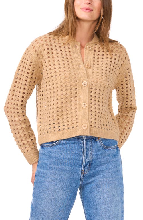 Shop Vince Camuto Pointelle Crewneck Cardigan In Latte Heather