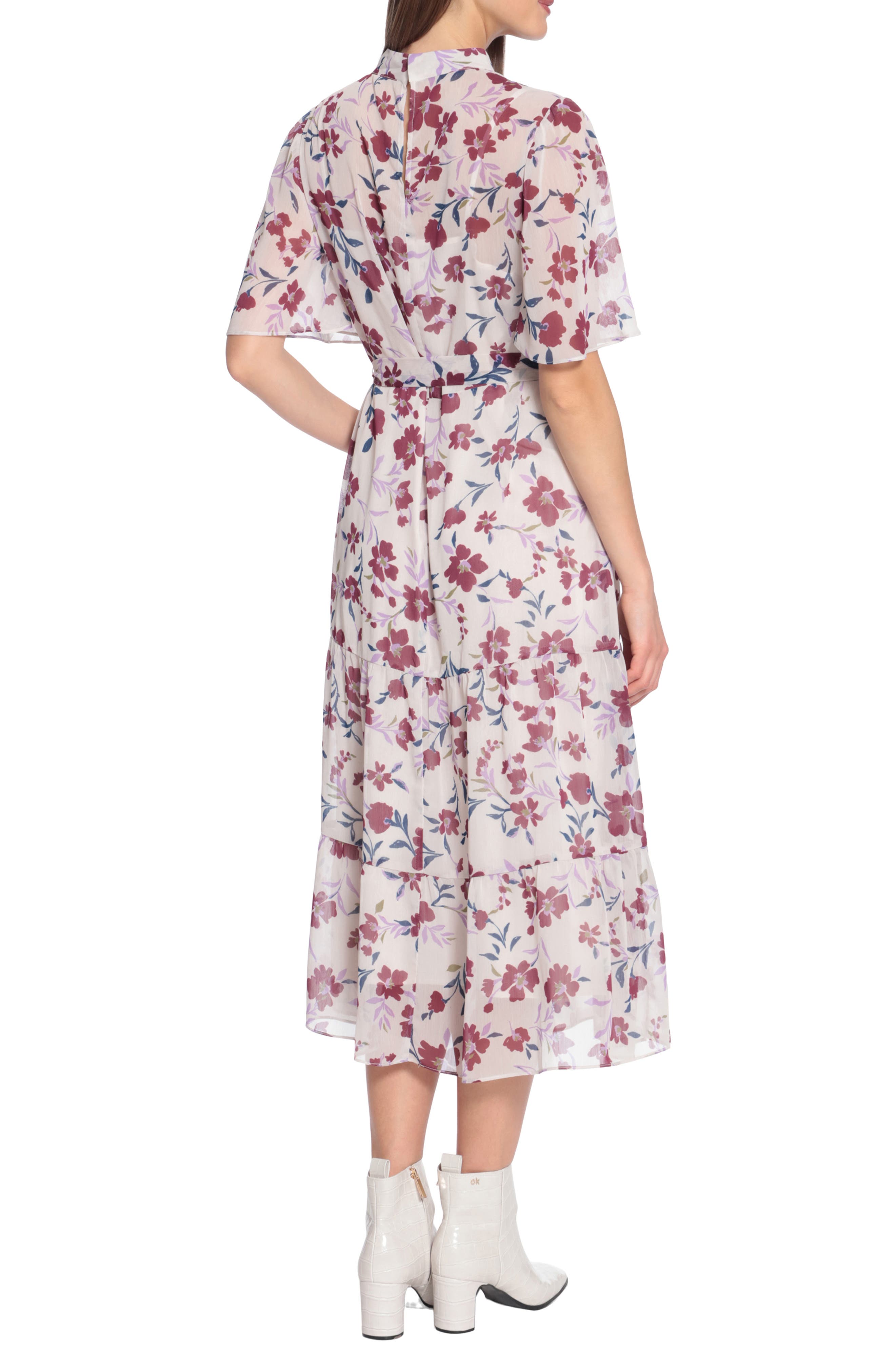 Maggy London Floral Flutter Sleeve Tiered Midi Dress in Desert Sand/Deep Berry at Nordstrom Rack, Size 10