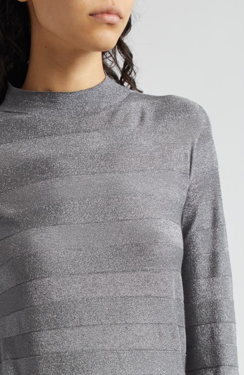 Shop Emporio Armani Stripe Metallic Mock Neck Knit Top In Solid Light Grey