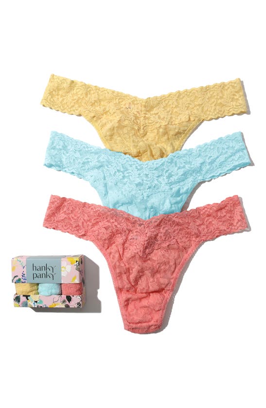 Shop Hanky Panky Assorted 3-pack Lace Original Rise Thongs In Buttercup, Celeste Blue, Balle