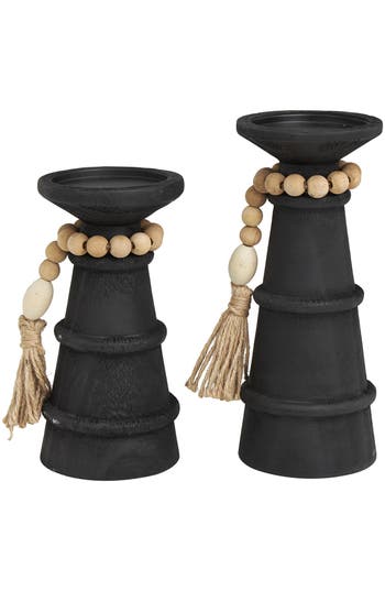 Willow Row Set Of 2 Wood Pillar Candle Holders In Black