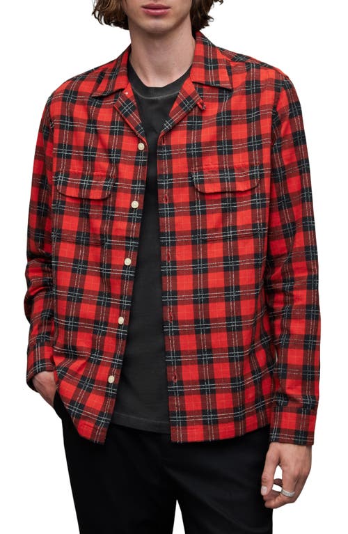 AllSaints Recon Realxed Fit Plaid Long Sleeve Camp Shirt Postbox Red at Nordstrom, R
