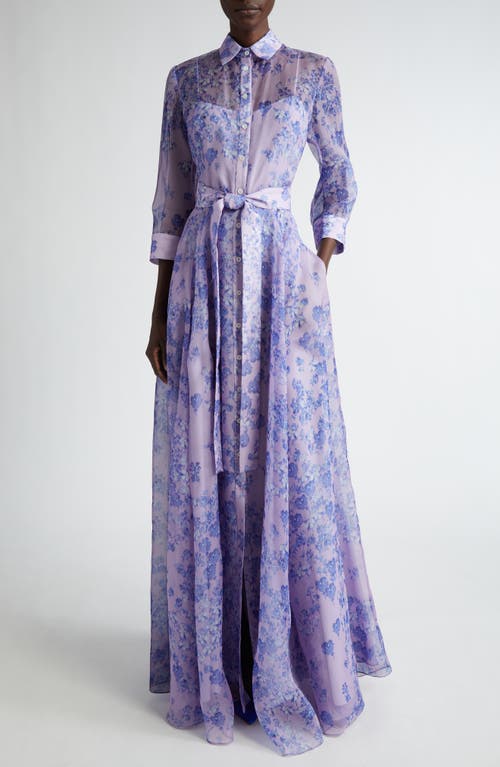 Carolina Herrera Floral Print Button Front Belted Silk Gown in Lilac at Nordstrom, Size 18