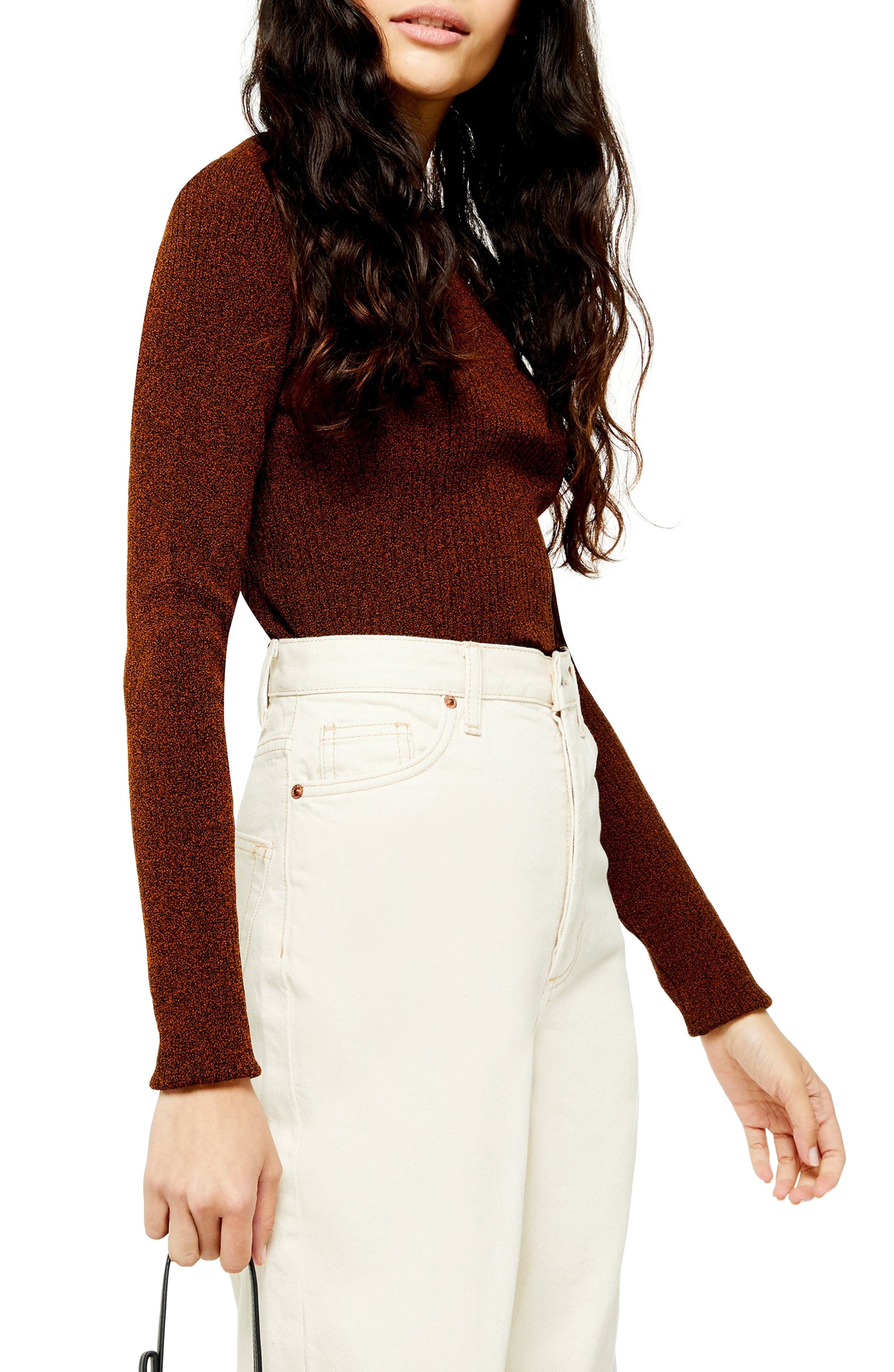 Topshop Button Ribbed Pullover In Brown 