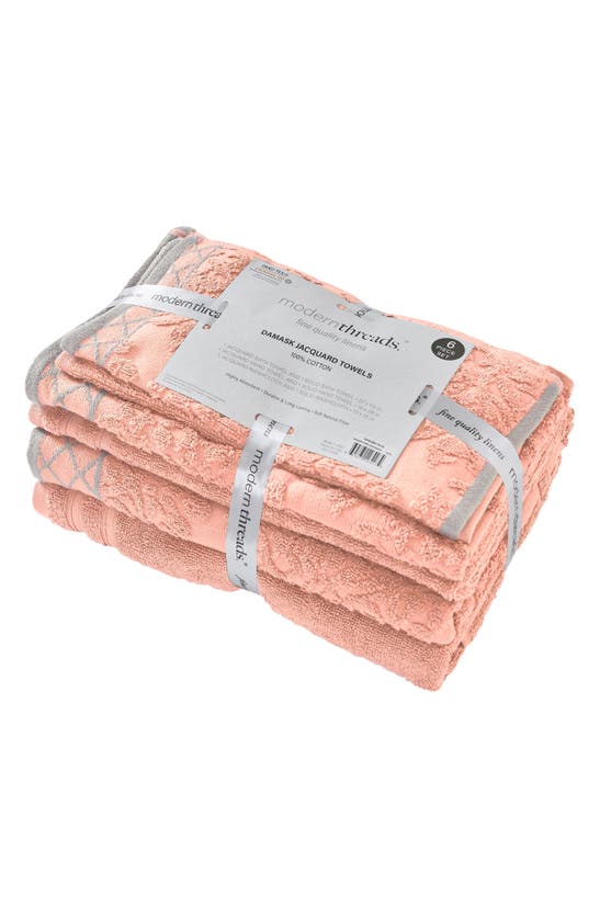 Modern Threads Embellished Border Damask Jacquard Towel 6-piece Set In Peach