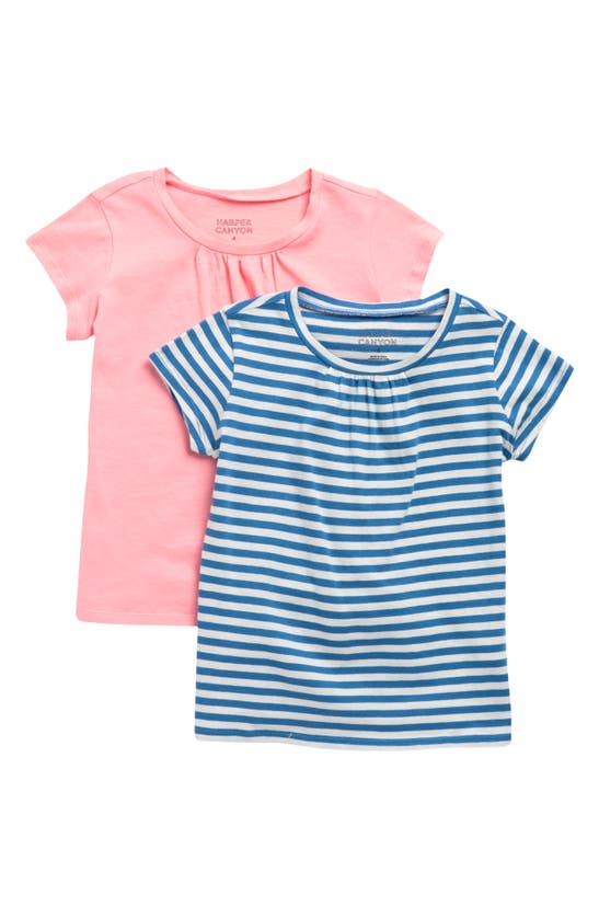 Harper Canyon Kids' Short Sleeve T-shirt In Blue Stripe- Pink Pack