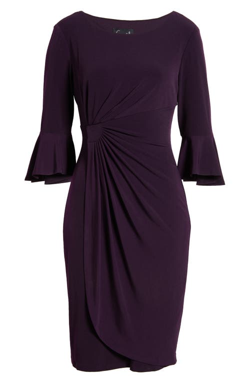 Connected Apparel Ruched Bell Sleeve Faux Wrap Cocktail Dress In Aubergine