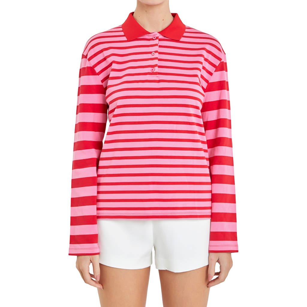 English Factory Stripe Long Sleeve Polo In Pink/red