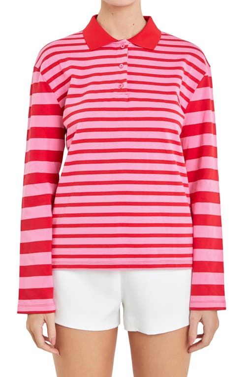 English Factory Stripe Long Sleeve Polo In Pink/red