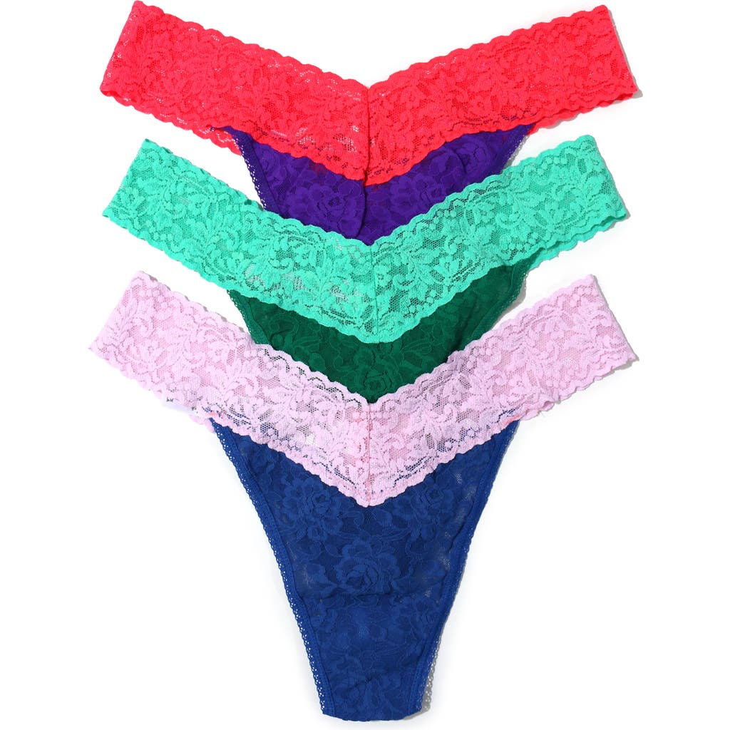 Shop Hanky Panky Original Rise Stretch Lace Thong Panties In Blue/green/purple
