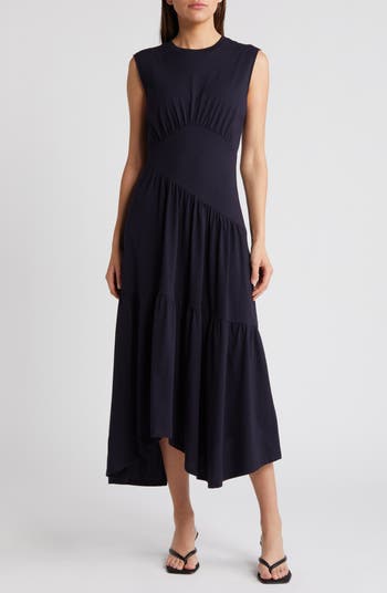 The Nature Stripe — Natural Green & White Striped Cotton A-Line Midi