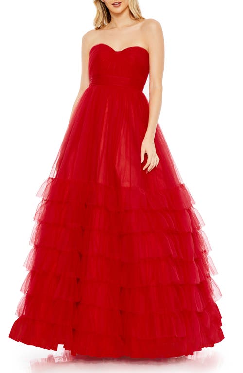 1950s History of Prom, Party, Evening and Formal Dresses Mac Duggal Ruffle Strapless Tulle Ballgown in Red at Nordstrom Size 0 $498.00 AT vintagedancer.com