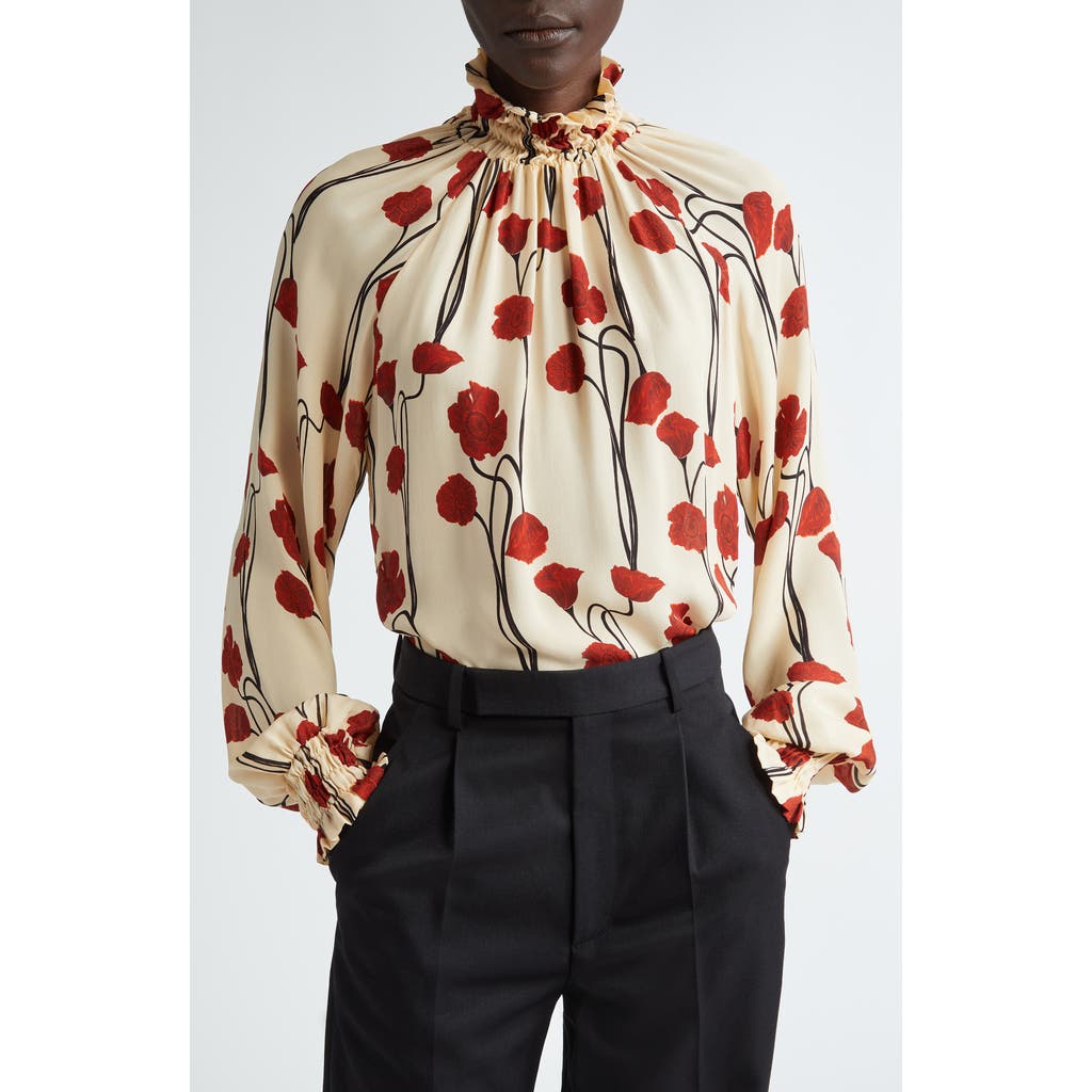 Johanna Ortiz Petalos Rojos Silk Top In Papaver Somniferum/ Ecru