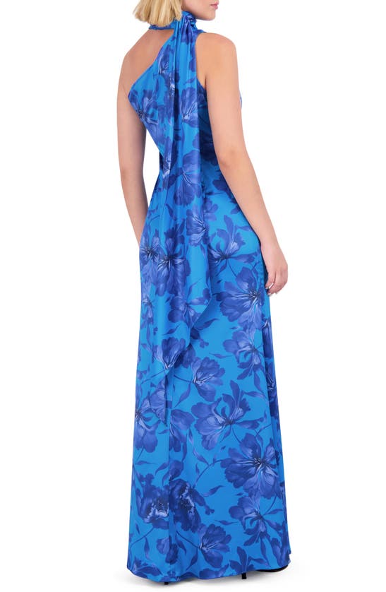 Shop Vince Camuto Floral Mock Neck One-shoulder Gown In Cobalt Multi