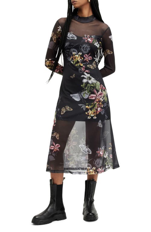 AllSaints Hanna Sanibel Floral Print Long Sleeve Mesh Maxi Dress Black at Nordstrom, Us