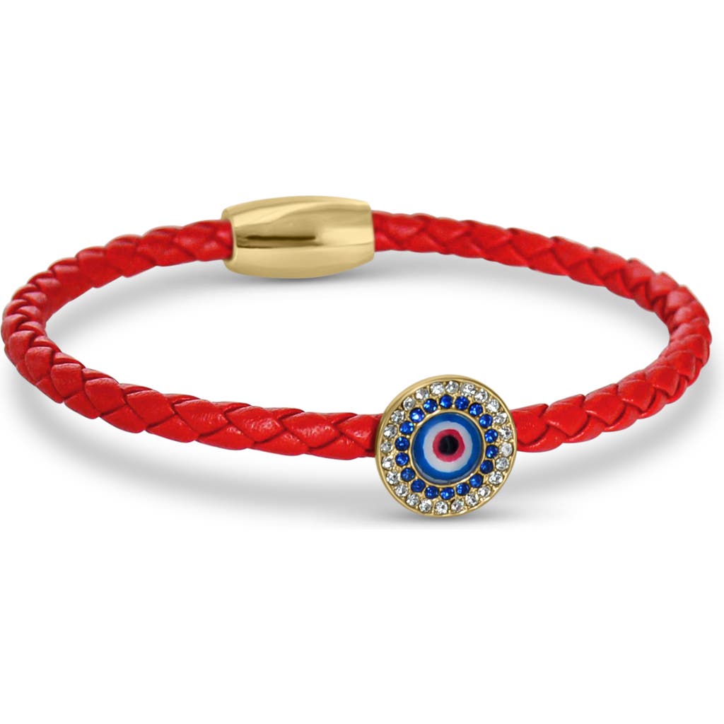 Shop Liza Schwartz Cz Evil Eye Coin Braided Leather Bracelet In Gold/red
