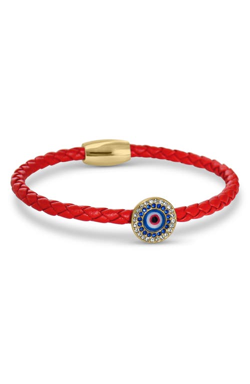 Shop Liza Schwartz Cz Evil Eye Coin Braided Leather Bracelet In Gold/red