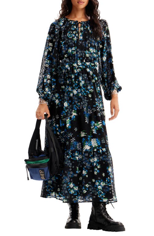 Desigual Rhode Island Floral Print Long Sleeve Maxi Dress Black at Nordstrom,