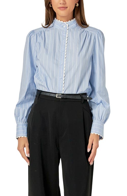 English Factory Stripe Scallop Trim Cotton Poplin Button-Up Shirt in Powder Blue/Offwhite 