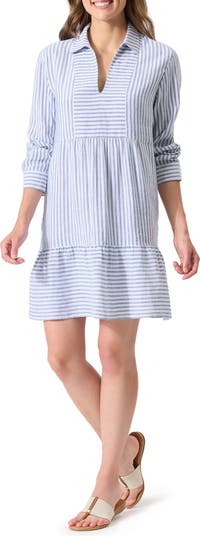 Linen Blend Stripe Dress in Blue