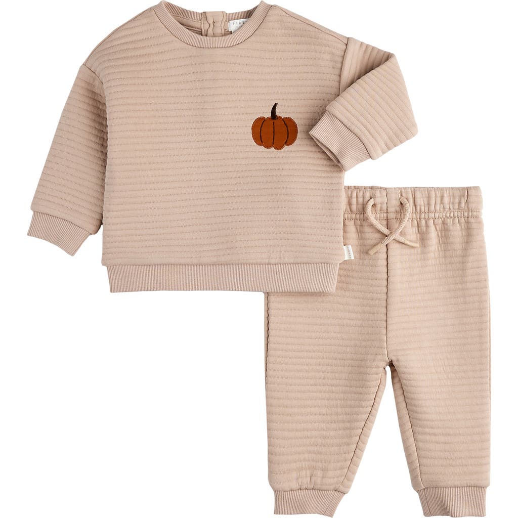 Shop Pl Baby By Petit Lem Firsts By Petit Lem Autumn Embroidered Quilted Cotton Sweatshirt & Sweatpants Set In Sand