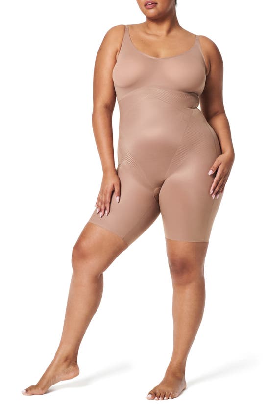 Shop Spanx Thinstincts 2.0 Mid-thigh Shaping Bodysuit In Caf Au Lait