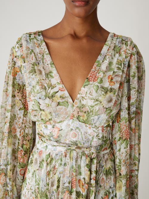 Rebecca Taylor Floral All Over On Viscose Chiffon Blouson Sleeve Midi Dress In Floral Multi