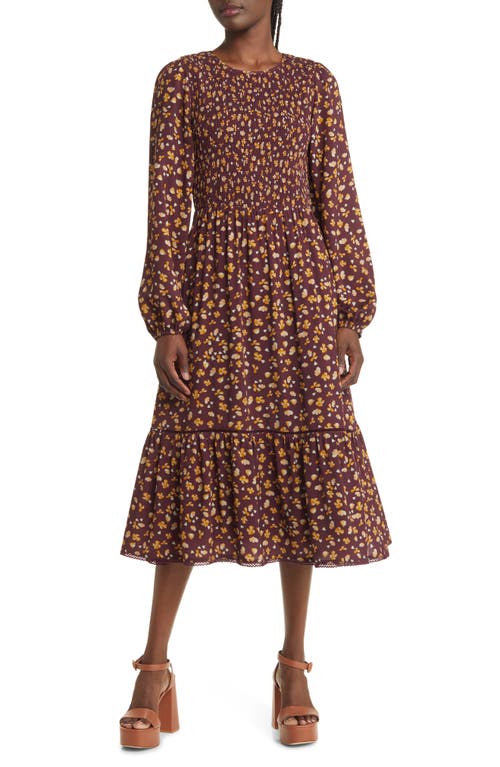 Lost + Wander Vineyards in the Valley Floral Long Sleeve Tiered Midi Dress in Red Wine