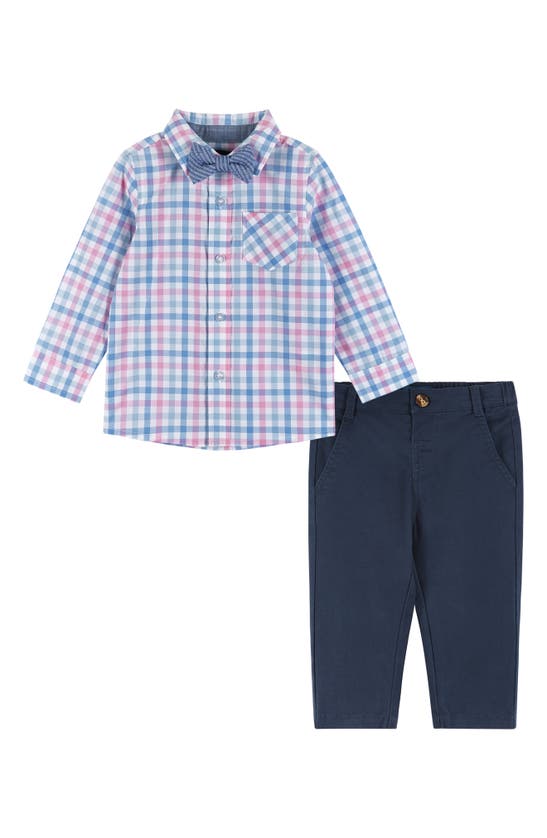 Shop Andy & Evan Plaid Button-up Shirt, Pants & Bow Tie Set In White Blue Plaid