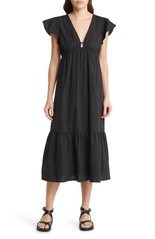 Rails Tina Flutter Sleeve Cotton Blend Midi Dress Black at Nordstrom,