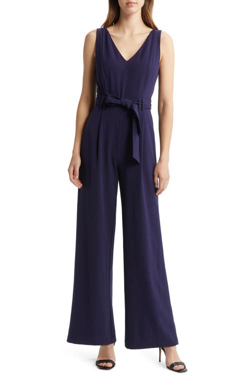 TAHARI ASL Tie Waist Sleeveless Crepe Jumpsuit in Midnight Navy