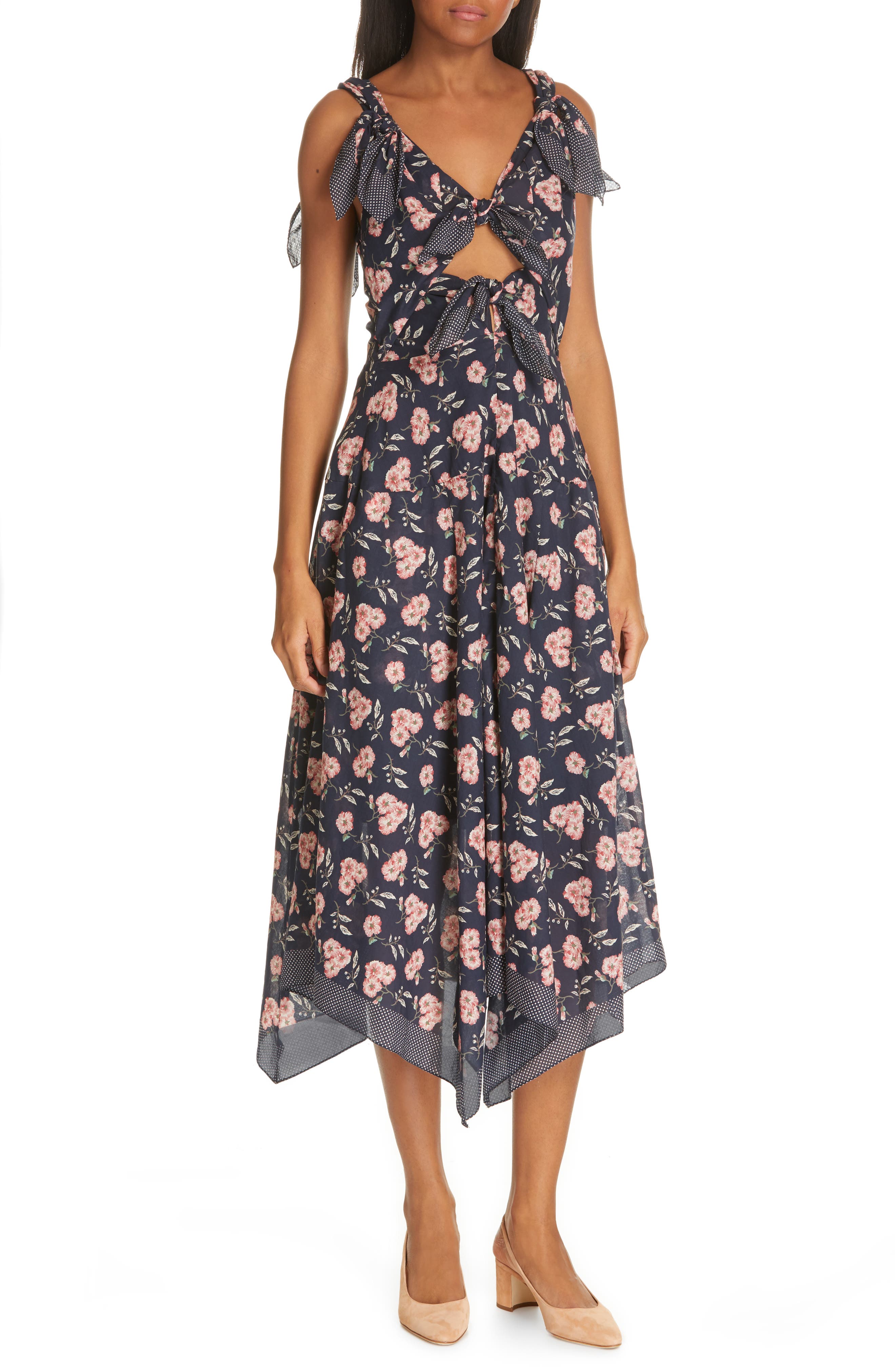 La Vie Rebecca Taylor Adelle Floral Tie Detail Dress, Blue