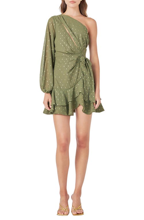 Shop Endless Rose One-shoulder Chiffon Minidress In Olive