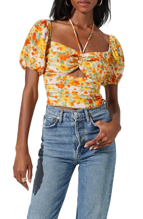 ASTR the Label Floral Puff Sleeve Halter Top in Orange Lilac Floral