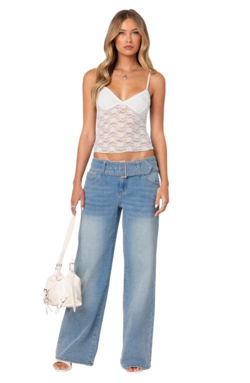 Shop Edikted Belted Relaxed Wide Leg Jeans In Blue-washed