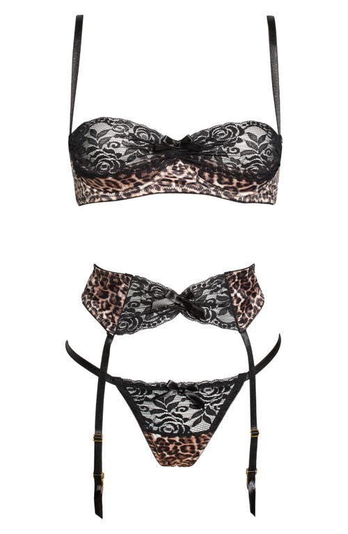 Shop Oh La La Cheri Jolene Leopard Print Underwire Bra, Thong & Garter Belt Set In Leopard/black