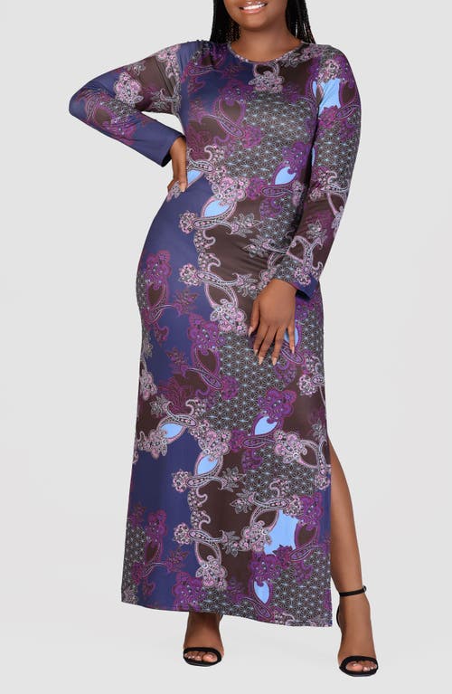 Shop 24seven Comfort Apparel Mixed Print Long Sleeve Maxi Dress In Purple Multi