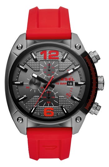 Shop Diesel ® Overflow Chronograph Silicone Strap Watch, 49mm X 55mm In Grey/red