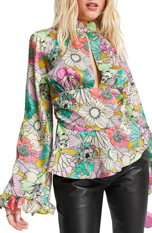 ASOS DESIGN Floral Cutout Bell Sleeve Blouse in Multi