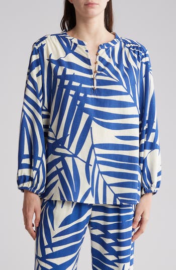 Gemma + Jane Palm Print Long Sleeve Top In Cream/blue
