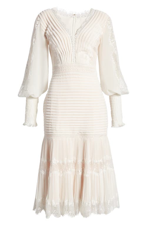 Tadashi Shoji Lace Pintuck Long Sleeve Midi Cocktail Dress In White/petal