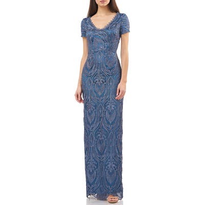 Js Collections Scalloped Lace & Satin Gown, Blue