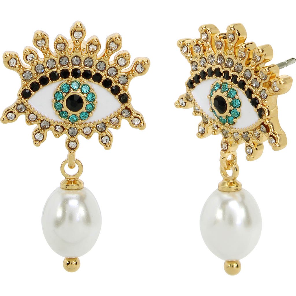 Shop Kurt Geiger London Evil Eye Imitation Pearl Drop Earrings In Pearl/yellow Gold