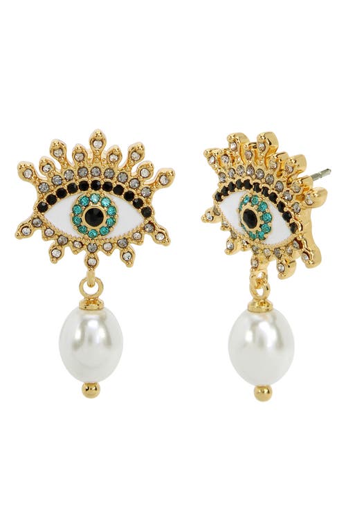 Shop Kurt Geiger London Evil Eye Imitation Pearl Drop Earrings In Pearl/yellow Gold