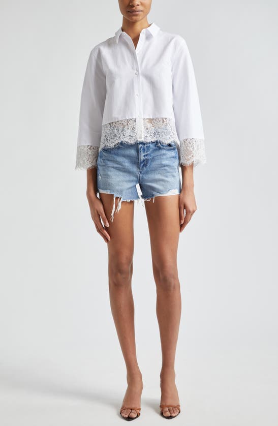 Shop L Agence Levo Lace Trim Crop Button-up Shirt In White