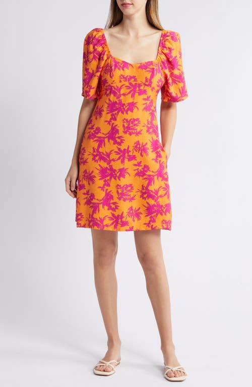 Floral Print Puff Shoulder Dress in Fuchsia