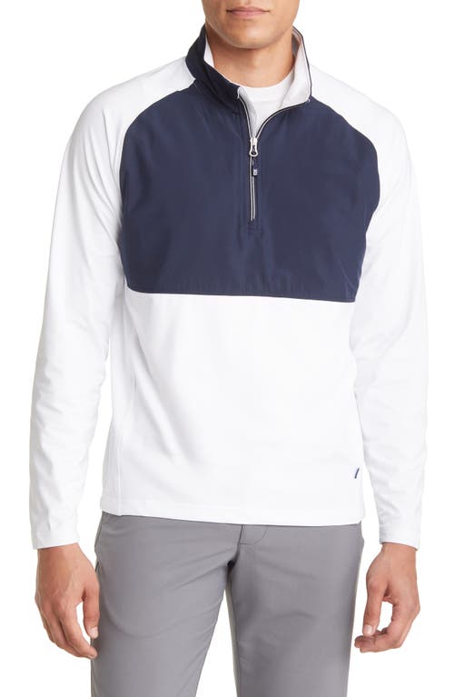 Cutter & Buck Adapt Quarter Zip Wind Resistant Knit Pullover In White/navy Blue