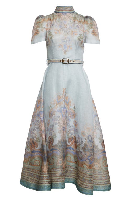 Shop Zimmermann Eden Belted Linen & Silk Midi Dress In Blue Paisley