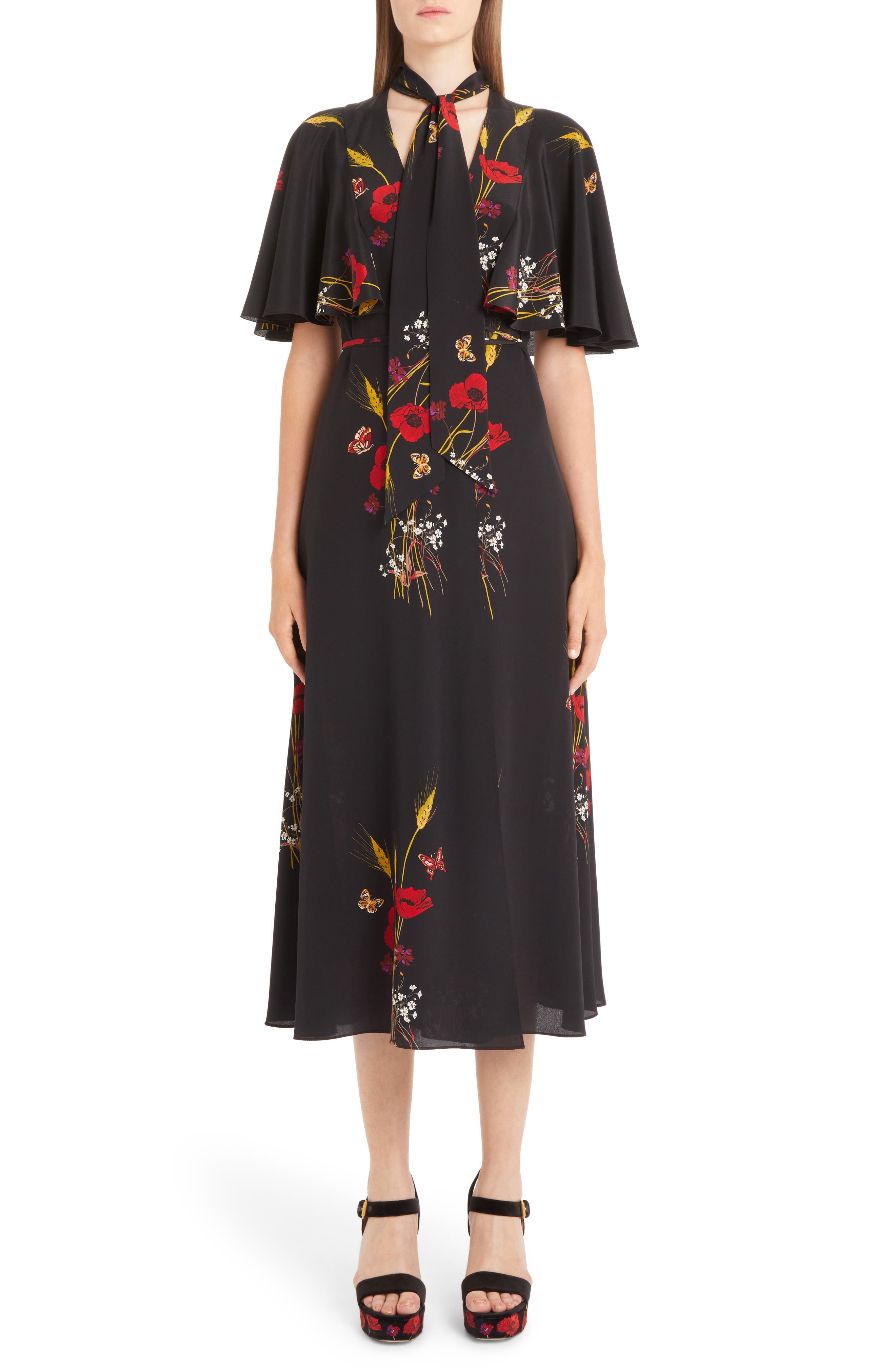 Valentino Floral Meadow Print Crepe De Chine Faux Wrap Dress, Black