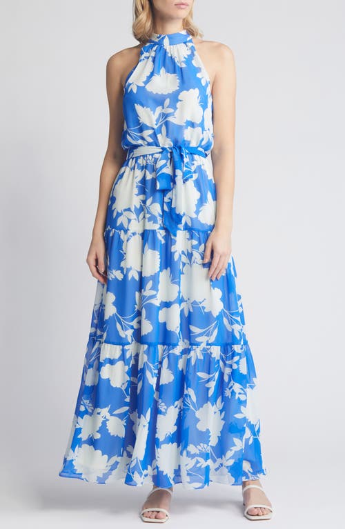 Julia Jordan Floral Mock Neck Tiered Maxi Dress In Blue